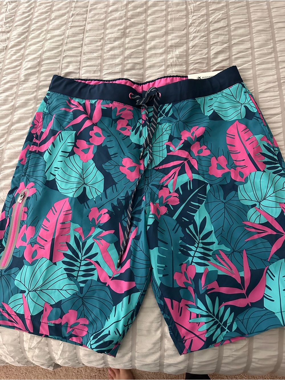 ZeroXposur Tropical Leaf Swim Shorts - Teal & Pink